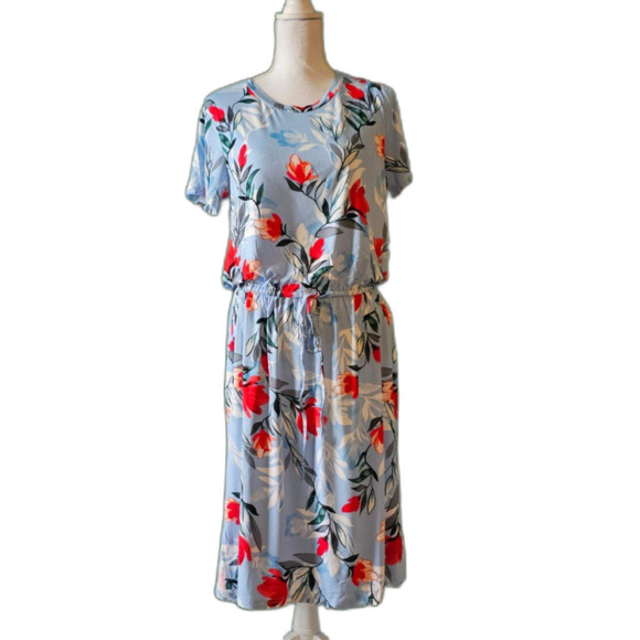 Simier Fariry Sky Blue Floral Casual Midi Blouson Dress with Pockets Sz L - Picture 4 of 7